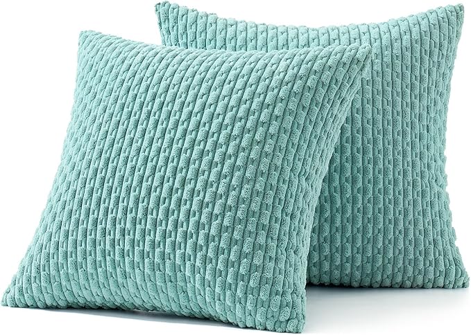 MIULEE Throw Pillow Covers Soft Corduroy Decorative Set of 2 Boho Striped Pillow Covers Pillowcases Farmhouse Home Decor for Couch Bed Sofa Living Room 18x18 Inch Aqua Green