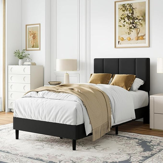 Twin Size Bed Frame, Platform Bed Frame with Velvet Upholstered Headboard, Twin Upholstered Mattress Foundation with Strong Wooden Slats, No Box Spring Needed, Noise Free, Easy Assembly