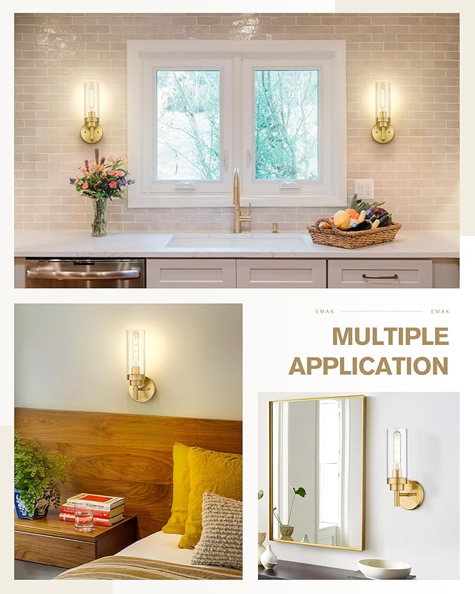 Emak Brushed Gold Sconce, Bathroom Vanity Light with Clear Glass Shade, Modern Wall Light Fixtures for Bathroom, Mirror, Hallway, Bedroom, WS085-BGD