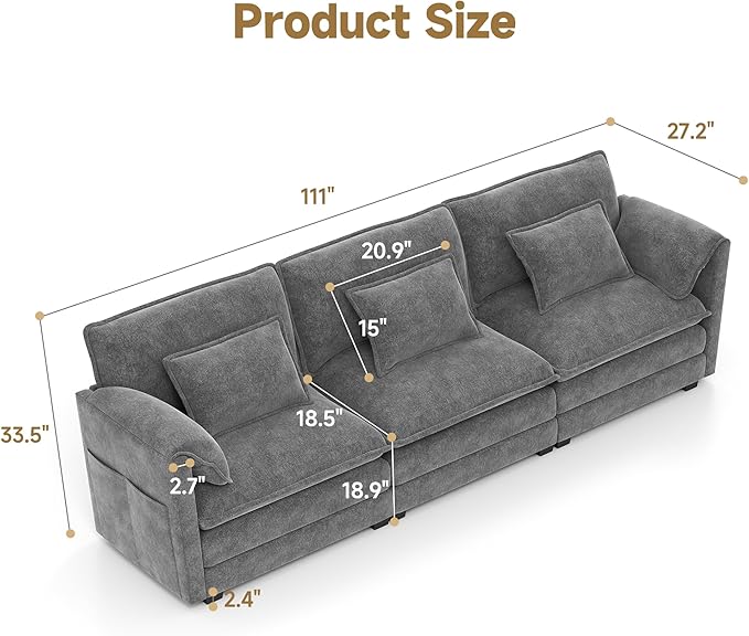 Real Relax 111'' Modular Sectional Sofa, 3 Seat Chenille Convertible Couch with 6 Pillows and 2 Armrest Pillows for Living Room, Office and Leisure Places, Dark Gray