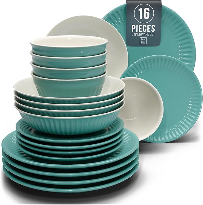 Stoneware Dinnerware Set for 4 People HYGGE 16-Piece - Elegant Scandi Design - Premium Dish Set - Bowl and Plate Set - Tableware for 4 People in a Ribbed Design - Pure Living in Green