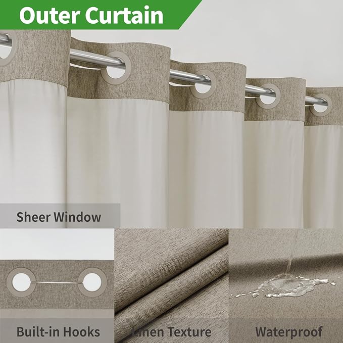 Stall No Hooks Needed Linen Textured Shower Curtain with Snap-in Fabric Liner Set,Hotel Luxury Decor Farmhouse Shower Curtains for Bathroom,Waterproof & Washable,54Wx80H,Khaki/Tan