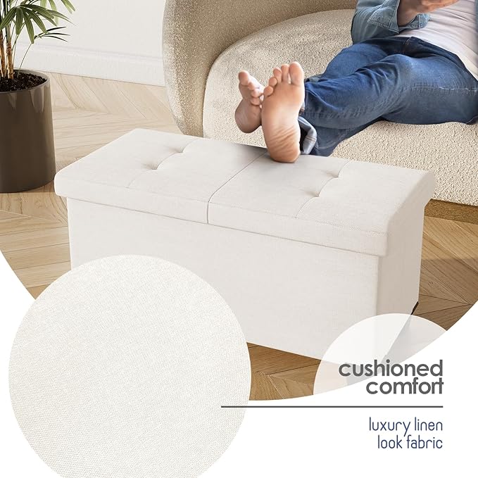 STORAGEBUD Storage Ottoman Bench with Bins, 30-in Storage Bench for Bedroom End of Bed, Folding Foot Rest Ottoman for Living Room Max 660lbs, Fabric Ottomans, Beige