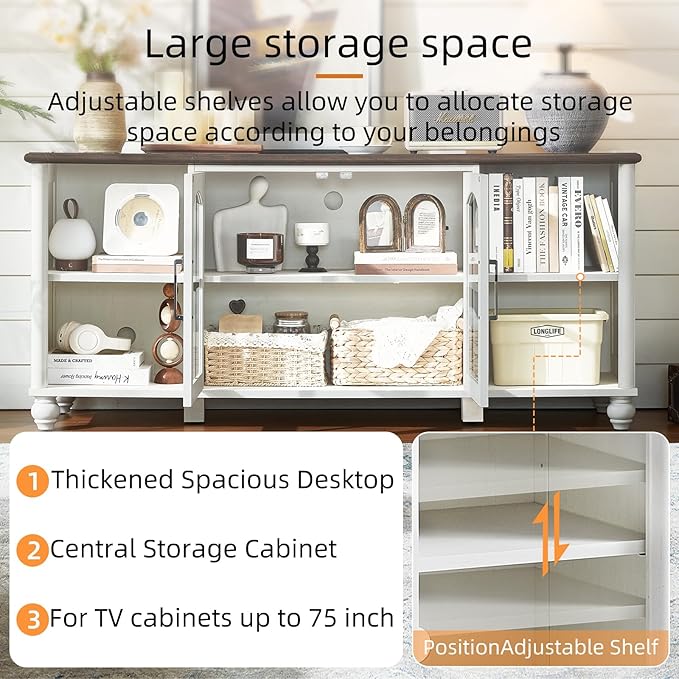 Farmhouse TV Stand for 60 Inch TV, Wood Entertainment Center with Glass Door Storage Cabinet & Adjustable Shelves,Television Stands for 65" TVS, TV Console Table for Living Room,Bedroom,White