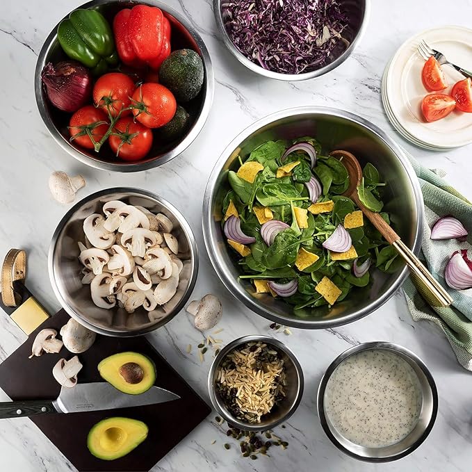 Stainless Steel Mixing Bowl Set, Nesting Bowls for Kitchen Baking, Cooking, Prepping, Kitchen Food Storage Organizers, No Lids (6 Pack)