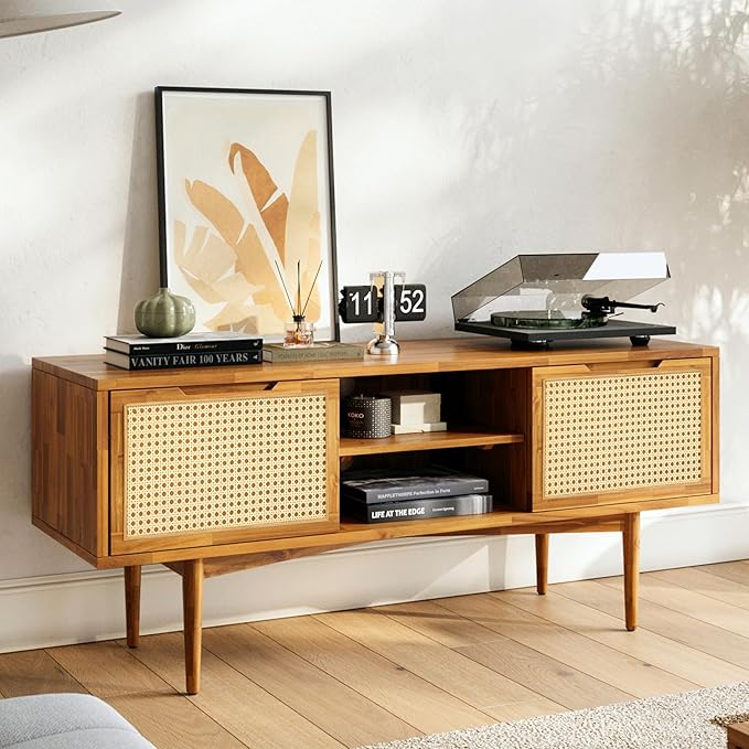 Bme Oliver TV Stand for TVs up to 55", Mid-Century Solid Wood TV Console with Natural Rattan Door, Media TV Console, Entertainment Center with Storage, Fluted Media Cabinet for Living Room, Caramel
