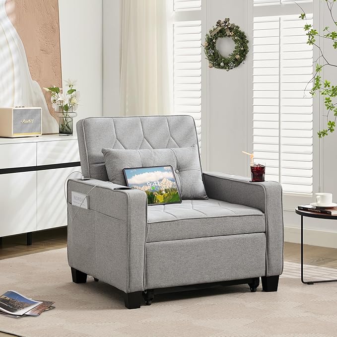 TYBOATLE Convertible Sleeper Chair Bed for Adults, 3-in-1 Pull Out Sofa Chair Bed with USB/Type-C Ports, Cup Holders, Side Pockets, Single Sofa for Living Room, Bedroom, Small Space (Grey)