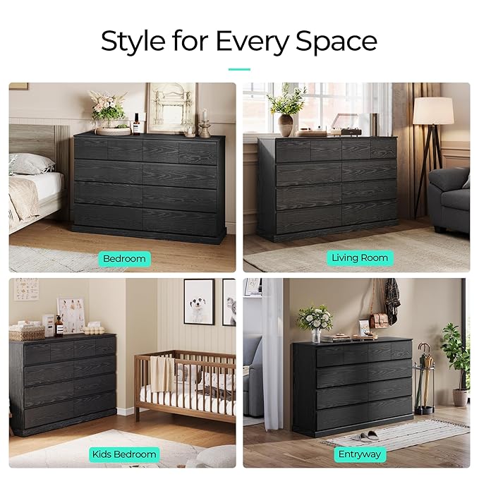 LINSY HOME 10 Drawer Dresser for Bedroom, 53" Wide Chest of Deep Drawers, Modern Farmhouse TV Stand Dressers with Storage, Large Drawer Organizer for Bedroom, Living Room, Handless Design, Black