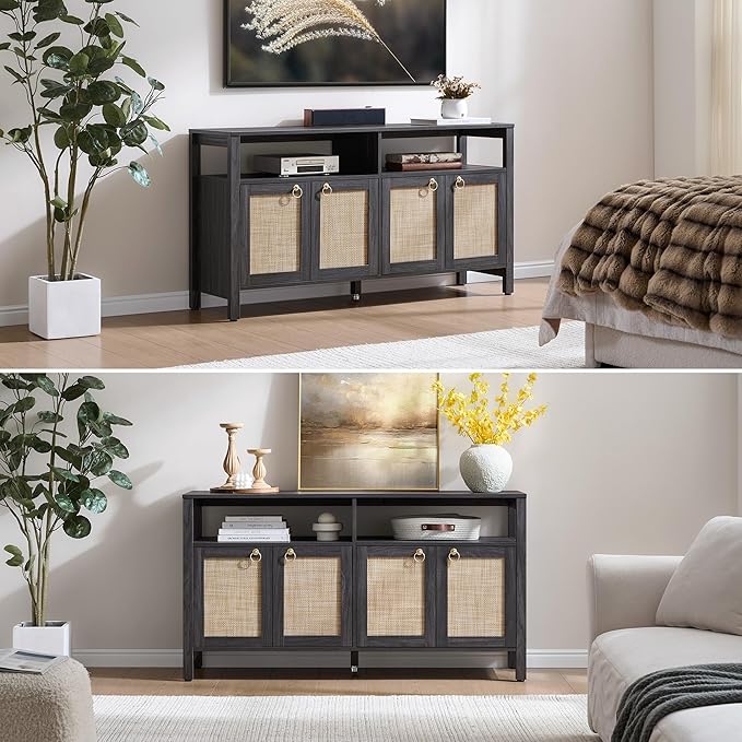 SICOTAS Rattan TV Stand for Television up to 65 Inch - 29.5" Tall Entertainment Center with Storage and Open Shelves,Boho Credenza TV Console Cabinet with 4-Doors and Adjustable Shelf for Living Room