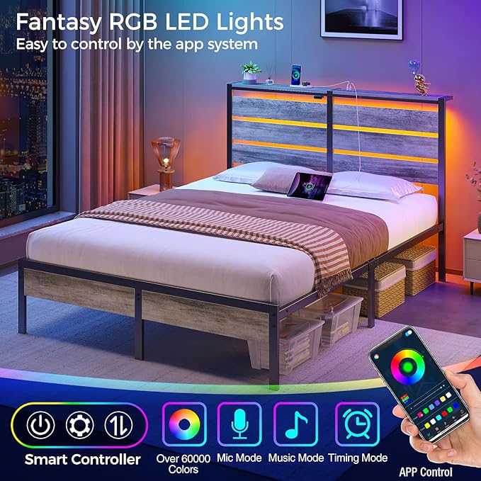 Rolanstar Bed Frame Queen Size with USB Charging Station, LED Bed Frame with Wood Storage Headboard, Light Grey Metal Platform Bed with Under Bed Storage, No Box Spring Needed, Noise Free