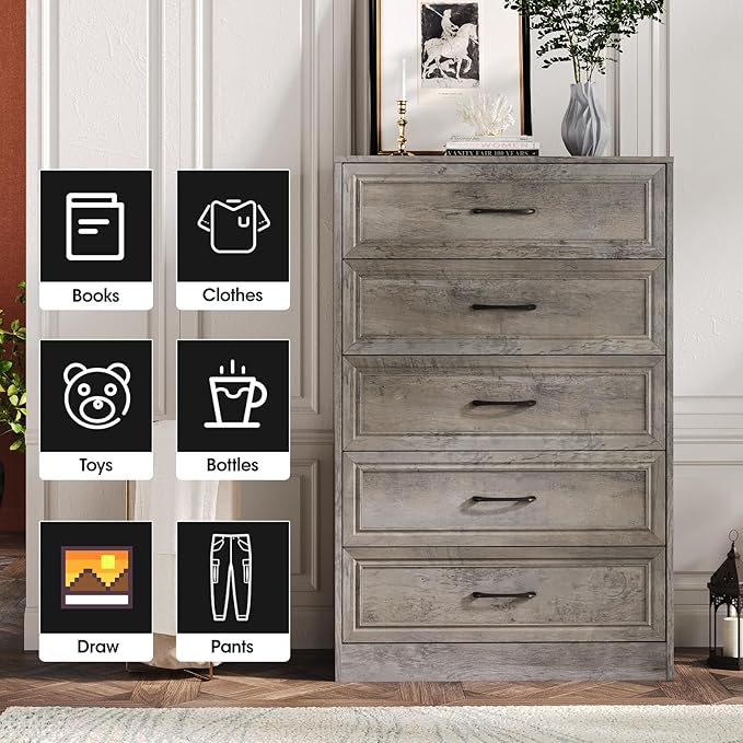 Fameill Dresser for Bedroom, 5 Drawer Tall Dresser Organizer, TV Stand for Livingroom, Chest of Drawers with Metal Handles, Ash Grey