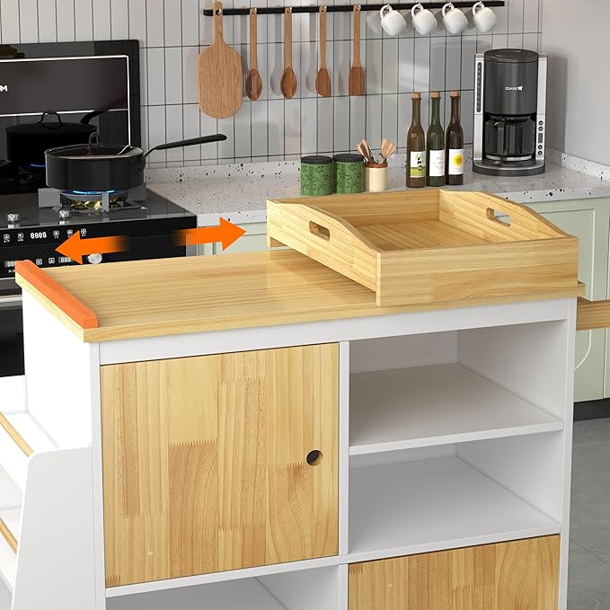NSdirect Kitchen Island with Storage,Rolling Kitchen Island on Wheels Portable cart Rolling with Spice Racks Towel Holder Utility Trolley with Wood Tray for Home Hotel Kitchen Dinning Room,White