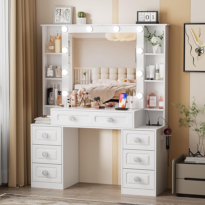 Farmhouse Makeup Vanity with Lighted Mirror & Charging Station, Vanity Desk Dresser Table with 3 Lighting Modes Brightness Adjustable,Drawers,Hair Dryer Stand for Bedroom,White(No Stool)