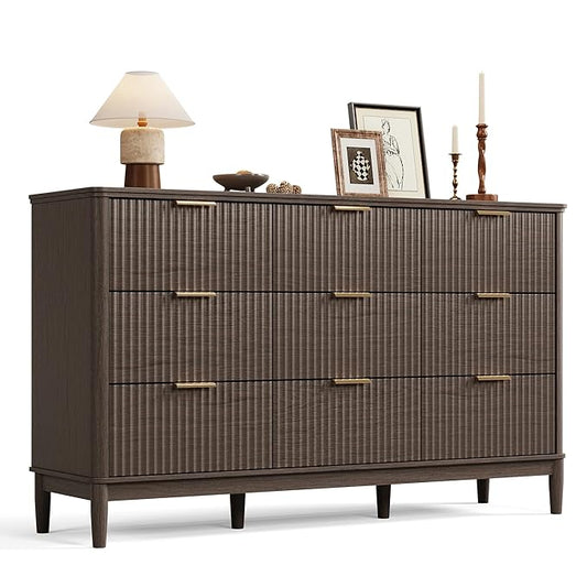 LINSY 9 Drawer Double Dresser for Bedroom, Modern Fluted Wood Chest of Drawers with Gold Metal Handles, Wide Storage Dresser TV Stand for Bedroom, Living Room, Entryway, Walnut