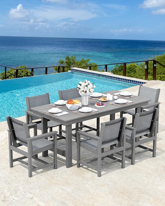 SERWALL 5 Piece Outdoor Dining Table Sets for 4 with 1 Umbrella Hole Cut-Out Rectangular Table and 4 Textilene Chairs, HDPE Dining Table Sets for Garden, Backyard, Poolside, Gray