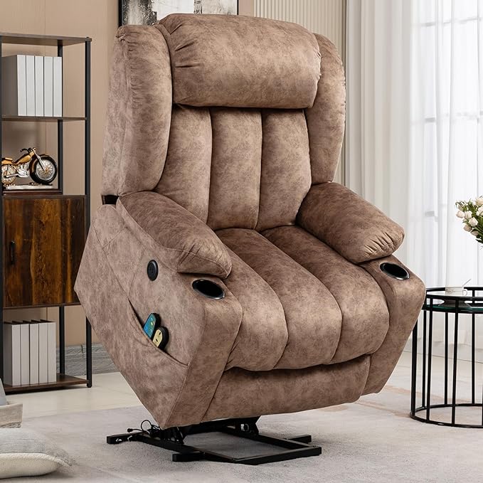 VIVIJASON Tall Man Large Power Lift Recliner Chair with Massage and Heat for Elderly, Overstuffed Wide Electric Lift Recliner w/Extended Footrest, 2 Cup Holder, Side Pockets & USB Ports, Fabric Brown