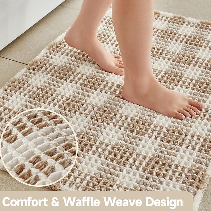 Waffle Runner Rug Bathroom, Long Boho Bathroom Rugs Non Slip Washable Absorbent Checkered Bathroom Mat Quick Dry Farmhouse Bath Mat, 72"x24" Khaki and White