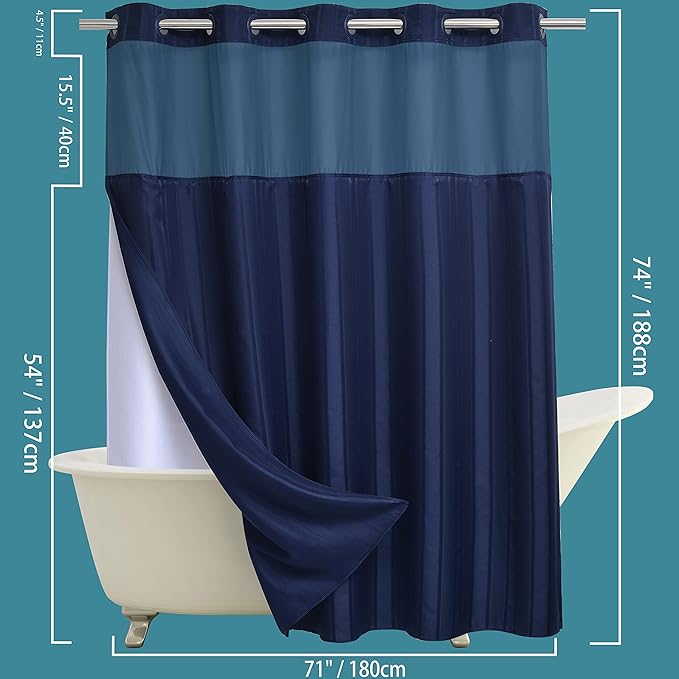 Conbo Mio No Hook Waffle Weave Shower Curtain with Snap in Liner Set, Hotel Luxury Dark Blue Shower Curtains for Bathroom with See Through Top Window, Waterproof, Washable 71W x 74H Stripe