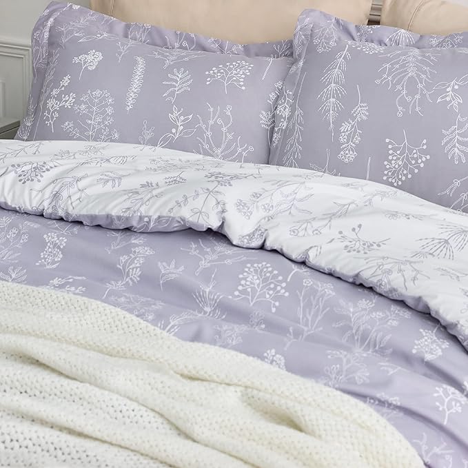 Bedsure Queen Comforter Set - Lavender Bed Set, 3 Pieces Cute Floral Bedding, 1 Soft Reversible Botanical Flowers Comforter and 2 Pillow Shams