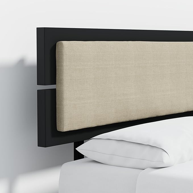 Modern Solid Wood Platform Bed with Adjustable Headboard with Cushion – No Box Spring Needed,Fast Assembly – King Size in Black