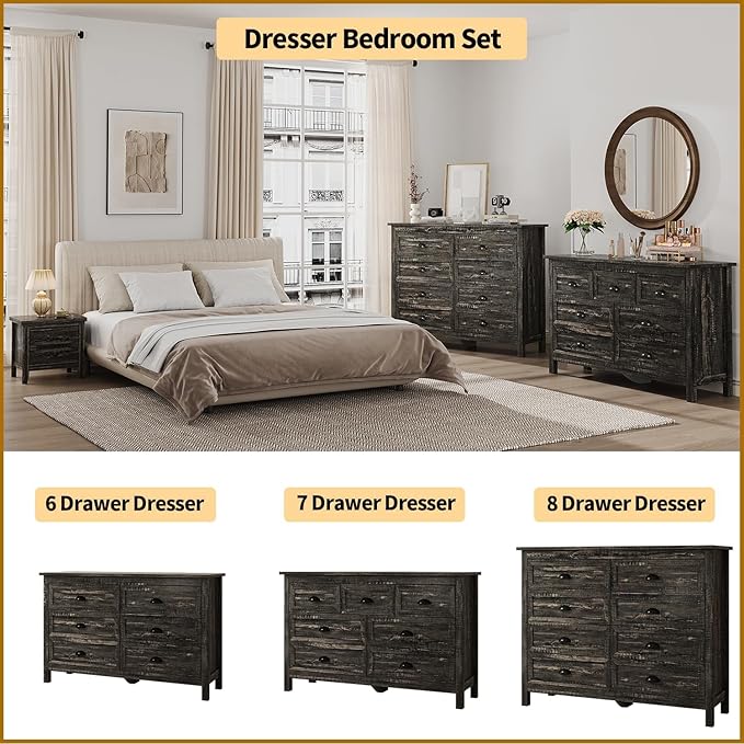 Dresser for Bedroom, Modern Black Dresser with 7 Drawers, Wide Chest of Drawers with Metal Handles,Wood Double Storage Cabinet for Living Room, Bedroom, Hallway