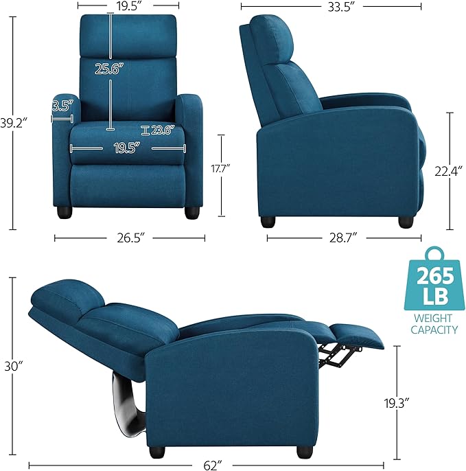 Yaheetech Fabric Recliner Sofa Modern Single Recliner Sofa Home Theater Seating with Thick Seat Cushion, Backrest and Pocket Spring, Blue