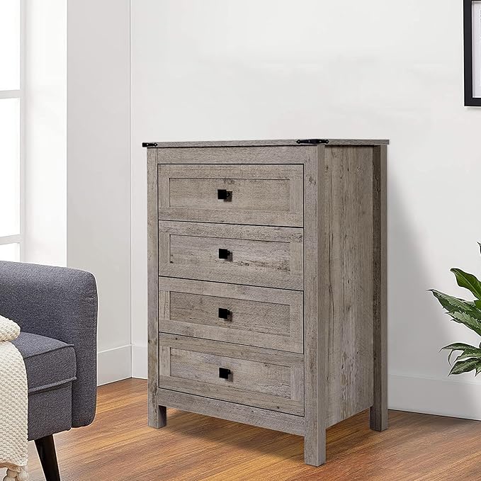 Farmhouse 4 Drawers Dresser, Wood Double Dresser Chest of Drawers Wide Storage Organizer Cabinet for Bedroom, Living Room, Rustic Grey
