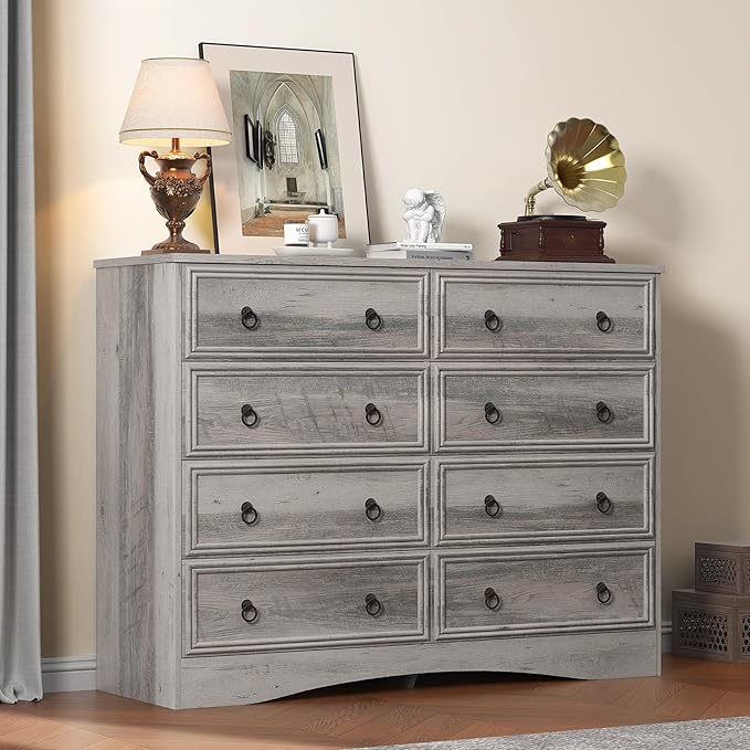 Grey 8 Drawer Dresser for Bedroom, Wood Chest of Drawers, Large Storage for Clothes, Vintage Design, for Living Room, Bedroom, Hallway 47.24W*15.75D* 41.2''H