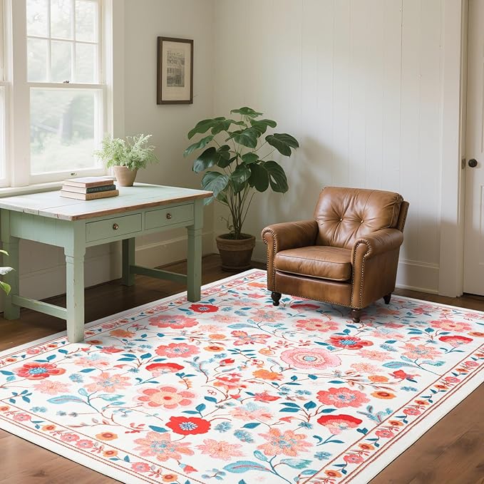 Floral Area Rug 5x8 Rugs, Machine Washable Rug Non-Slip Low Pile Rug for Living Room, Bedroom, Farmhouse, Dining Room, Beige