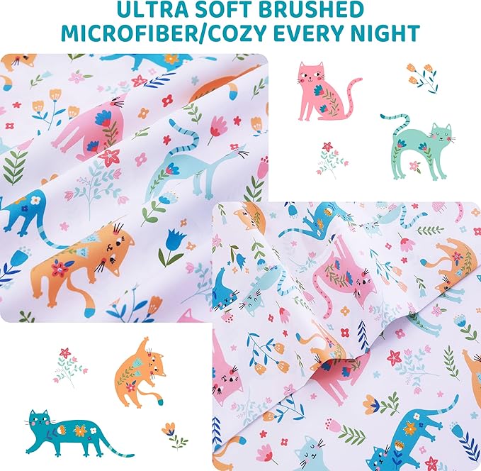 Viviland 4 Pieces Girls Pink Cat Full Sheet Set - Soft Microfiber Fitted Flat Sheets & Pillowcase - Kids Colorful Floral Leaf Print Bedding Sets - for Kids & Toddlers