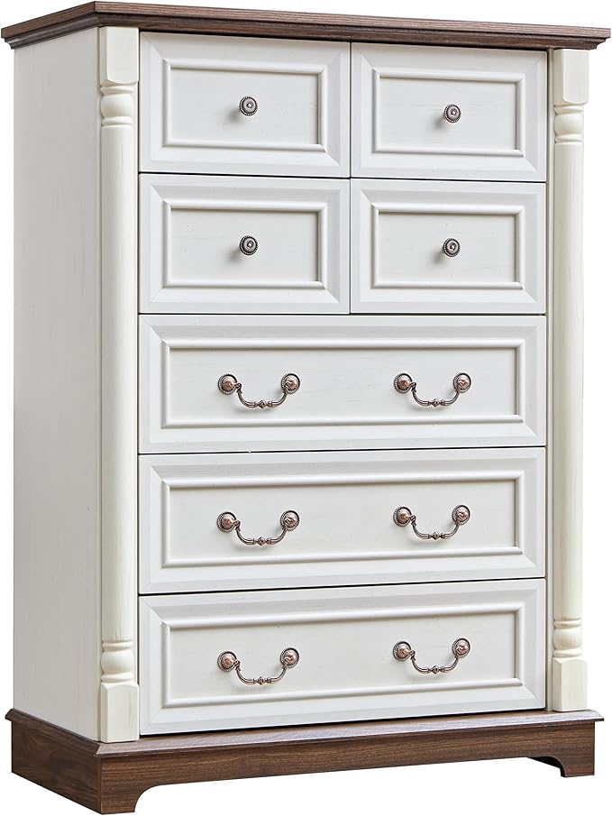 Farmhouse Tall 7 Drawer Dresser with Deep Drawers and Roman Column, Antique White Dressers & Chest of Drawers for Bedroom Storage