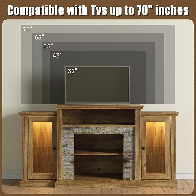 59 inch TV Stand, Farmhouse Entertainment Center with LED Lighted Display Cabinets, Console Table with Faux Flat Stone Texture for Living Room Bedroom,Antique Pine