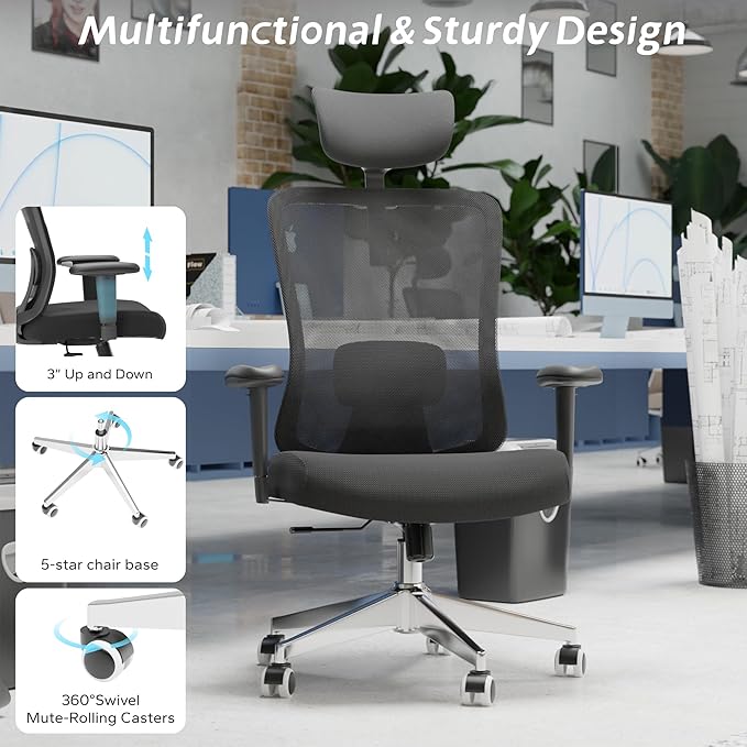 Ergonomic Office Chair with Adjustable Lumbar Support & Flip-Up Armrests - High Back Computer Desk Chair with Thickened Seat Cushion, Rolling Wheels for Home/Office Study Work (05black)