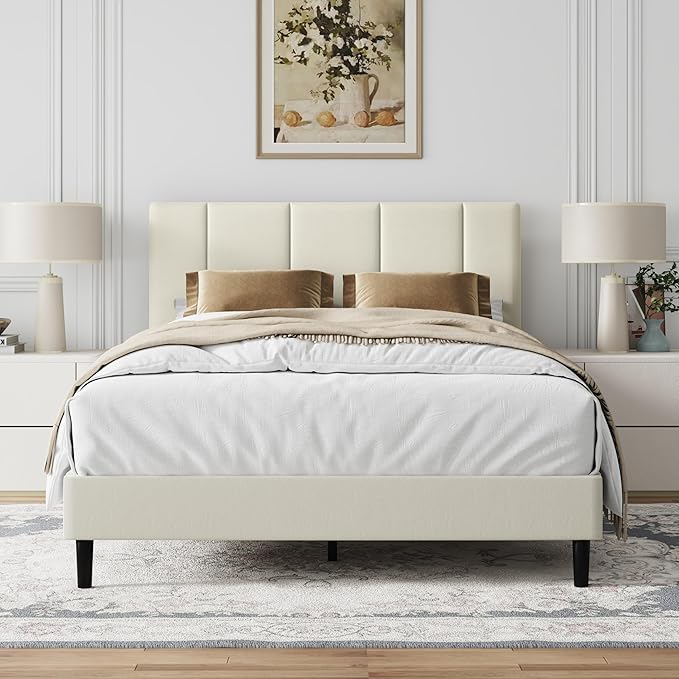 Full Size Bed Frame, Platform Bed Frame with Velvet Upholstered Headboard, Fully Upholstered Mattress Foundation with Strong Wooden Slats, No Box Spring Needed, Noise Free, Easy Assembly