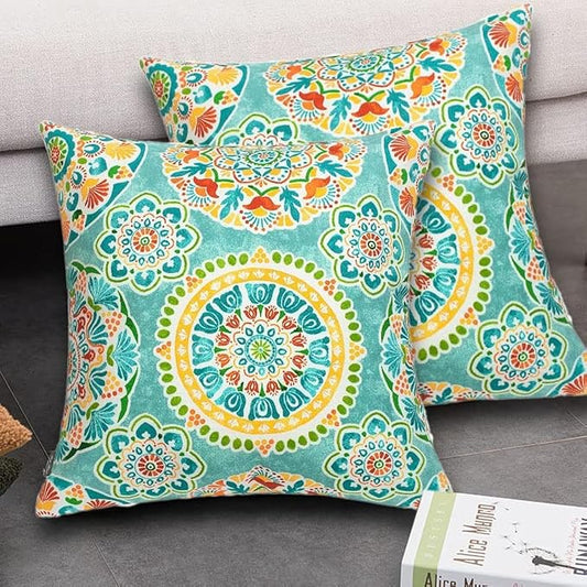 FUNHOME Outdoor Pillow Covers ONLY, No Insert! Pack of 2 Square Throw Pillow Covers, Decorative Water-Repellent Modern Cushion Cases for Sofa Patio Couch Decoration 18 x 18 Inch-Cyan Circle