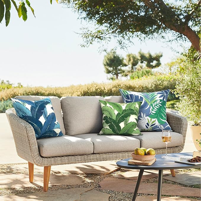 Outdoor Throw Pillows 16x16 Inch, Water Repellent Patio Pillows with Inners Set of 2, Outdoor Pillows for Patio Furniture Home Garden, Swaying Palms Green