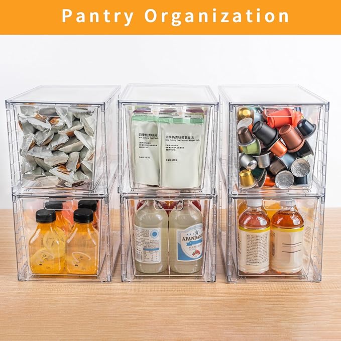 2Pack Large Stackable Kitchen Storage Drawers, Clear Foods Organizer Bins with Handles, Easily Assemble for Bathroom, Kitchen, Pantry, Cabinet, Closet(XL-UP Handle)