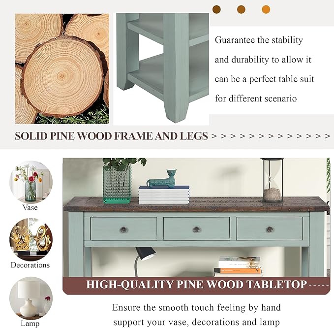 Solid Wood Console Table Sofa Table with Storage Drawers and Bottom Shelf Entryway Table for Entry Hallway Foyer Sofa Couch Table,Fully Assembled (48.8" Green)