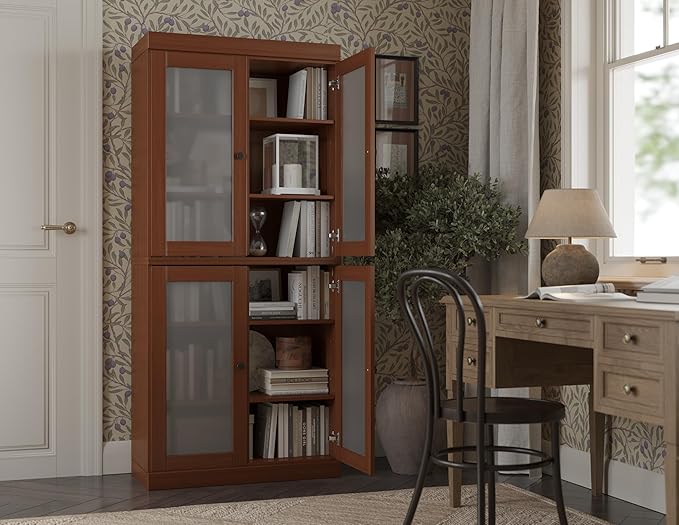 Palace Imports Solid Wood Bookcase w/Frosted Glass Doors & Adjustable Shelves - 6-Tier Bookshelf, 71.5" Tall, 32” Wide - Mocha, 100% Renewable Eco-Friendly Wood, Made in Brazil