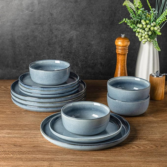 AmorArc Stoneware Dinnerware Sets for 4,Round Reactive Glaze Ceramic Plates and Bowls Set,Highly Scratch Resistant | Dishwasher & Microwave Safe Dishes Set,Service for 4 (12pc)