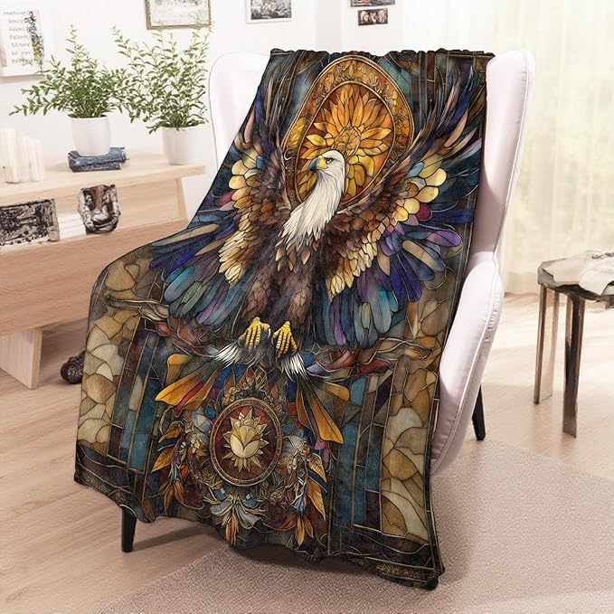 Stained Glass Eagle Blanket, Cozy Flannel Eagles with Outstretched Wings Throw Blanket for Couch Outdoor, Plush Soft Lightweight Travel Blankets for Bed Decor & Gifts, for Women Adults 40"x50"