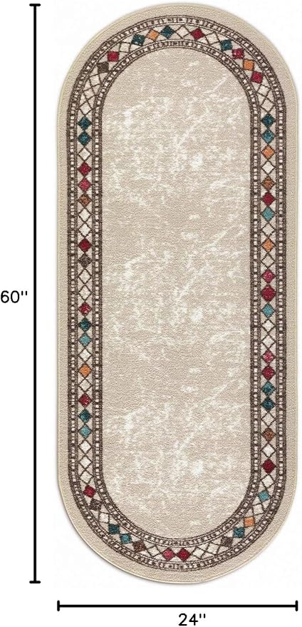 Antep Rugs Alfombras Modern Bordered 2x5 Non-Skid (Non-Slip) Low Profile Pile Rubber Backing Kitchen Area Rugs (Beige, 2' x 5' Oval)
