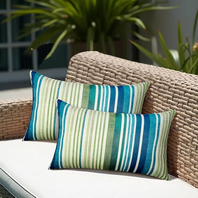 Pack of 2 12x20 Outdoor Pillows, Waterproof Throw Pillows with Inserts, Decorative Lumbar Pillows for Patio, Garden, Couch, Furniture, Sofa, Bed, Living Room(Stripe Blue Green)