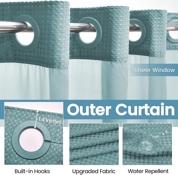 Teal Long No Hook Shower Curtain with Snap in Liner,230GSM Waffle Weave Shower Curtains for Bathroom,71W x 86H