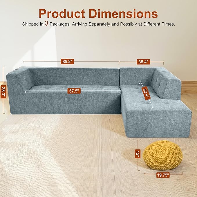 112.2" Sectional Couch, Oversized L Shaped Cloud Couch, Modular Sofa, Sectional Couches for Living Room and Office, Gray Blue