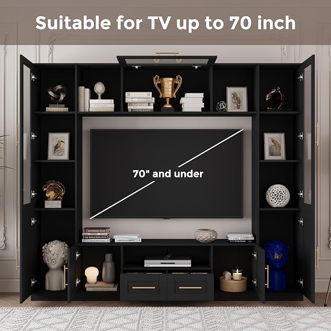 94" Wall Unit Entertainment Center for TVs up to 70", Modern TV Console with LED Lights, Multifunctional TV Stand with Tempered Glass Door, Drawers & Shelves for Living Room, Black