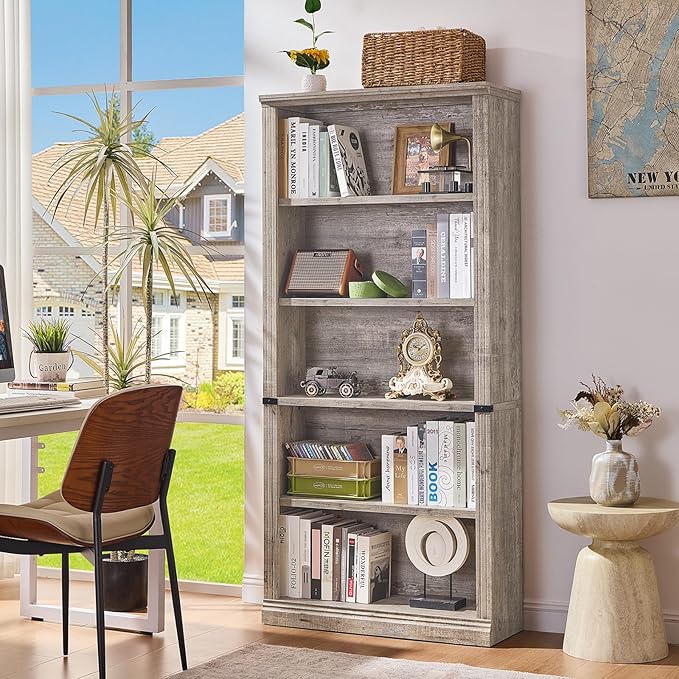 70" Grey Tall Bookshelf Set of 4,5-Tier Thick Wooden Book Shelf with Adjustable Shelves,Free Standing Farmhouse Bookcase with Open Display Storage,Floor Vintage Bookshelves for Living Room