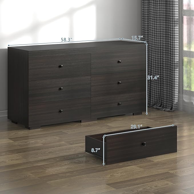 Dresser for Bedroom 6 Drawer Wood Dresser 58.3" Wide, Large Chest of Drawers for Bedroom, Living Room, Hallway, Entryway, Modern TV Stand Drawer Organizer,Dark Brown