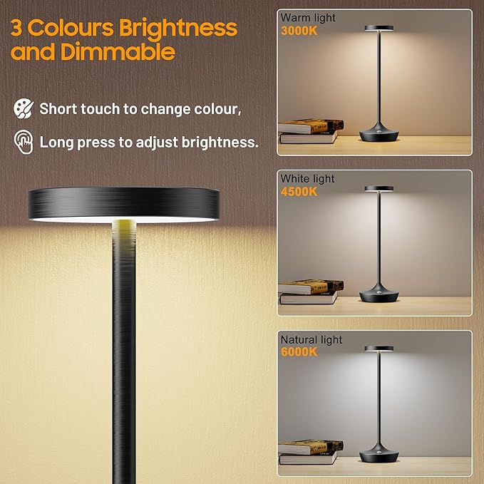 Cordless Table Lamp, Rechargeable Battery Operated LED Desk Lamp, 3-Color Stepless Dimming, Portable & Waterproof, for Restaurants, Bedrooms, Bars, Outdoor Parties, Camping (2X Black+Shade)