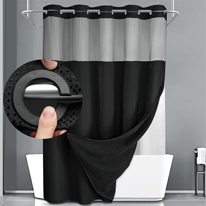 YellyHommy No Hook Shower Curtain with Snap in Liner Set Less Time Black Waffle Shower Curtain for Bathroom 81" L x 72" W